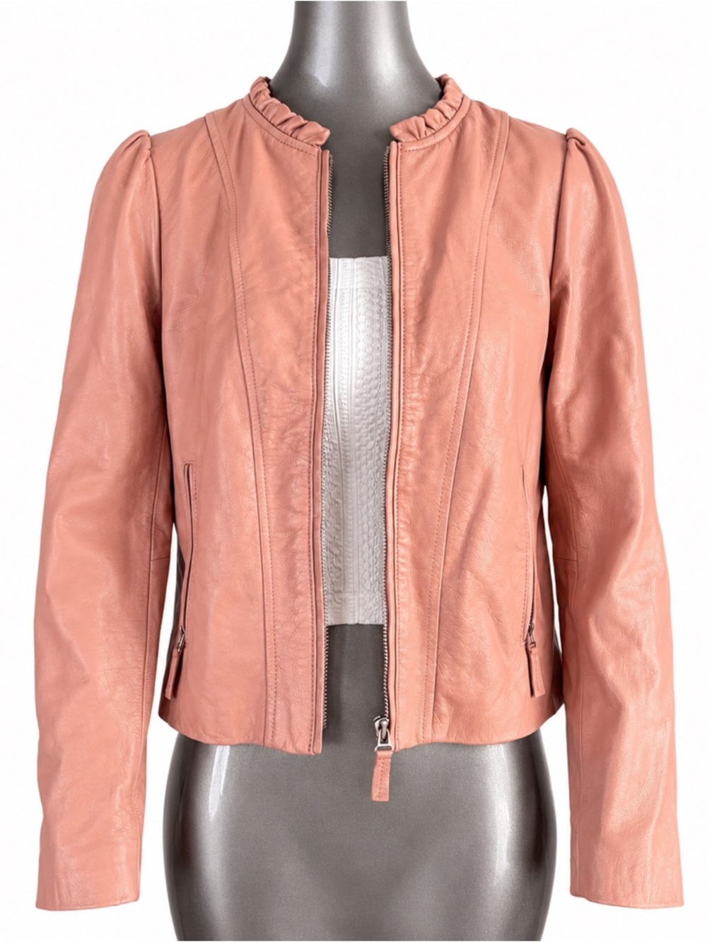 Rebecca Taylor Blush Pink Lamb Leather Jacket Ruffle Neck Puff Sleeve Size 2